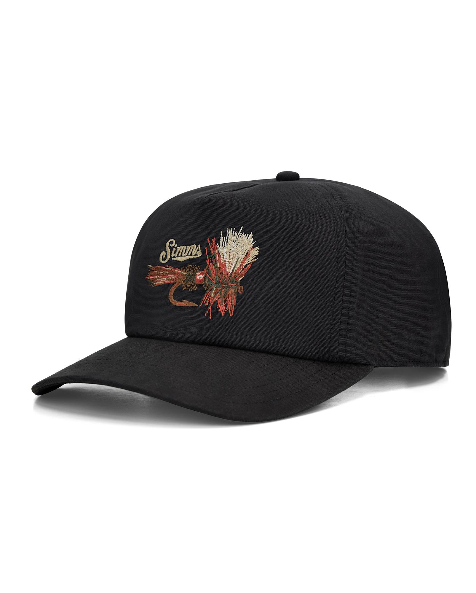 Simms Double Haul Cap black fly fishing hat with Royal Wulff fly logo