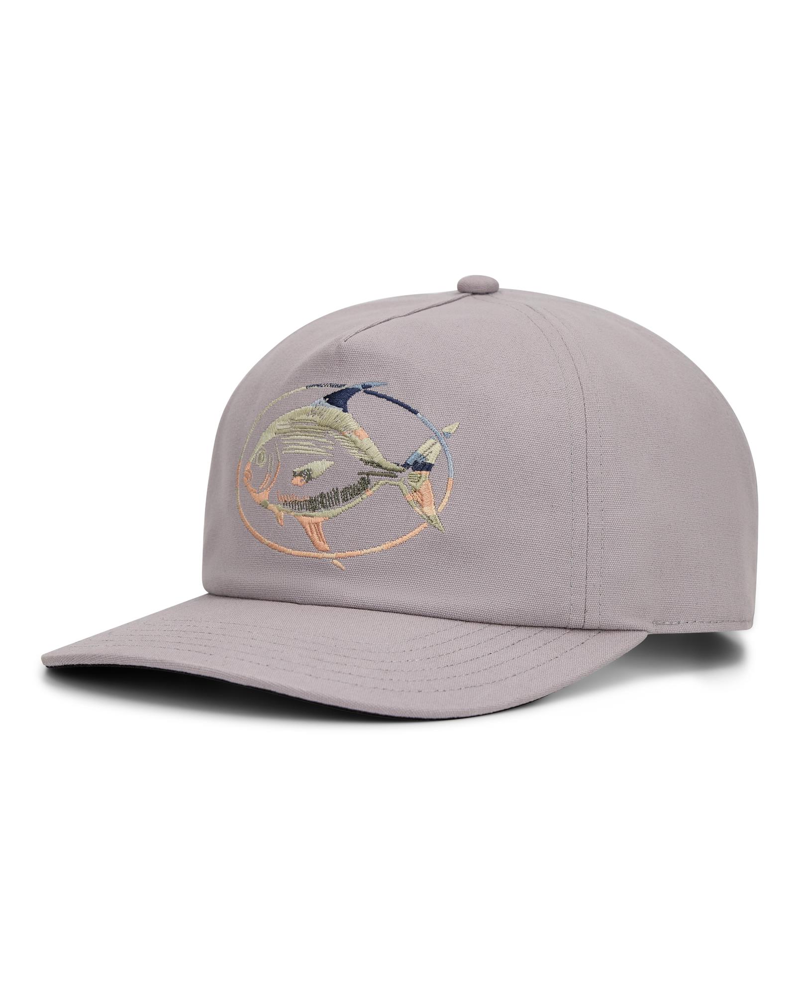 Simms Double Haul Cap gray fly fishing hat with embroidered saltwater fish graphic
