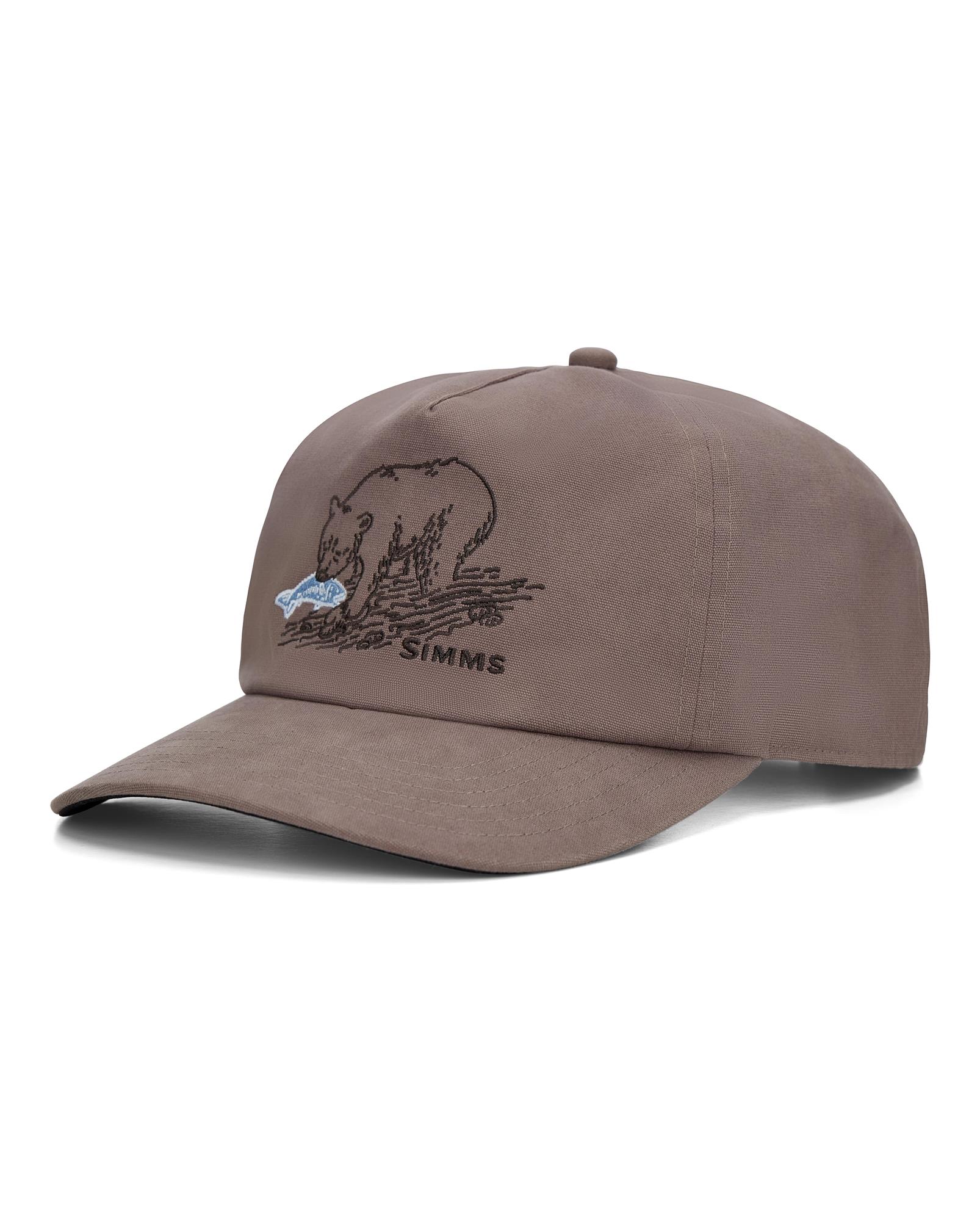 Simms Double Haul Cap brown fly fishing cap with embroidered bear and trout design
