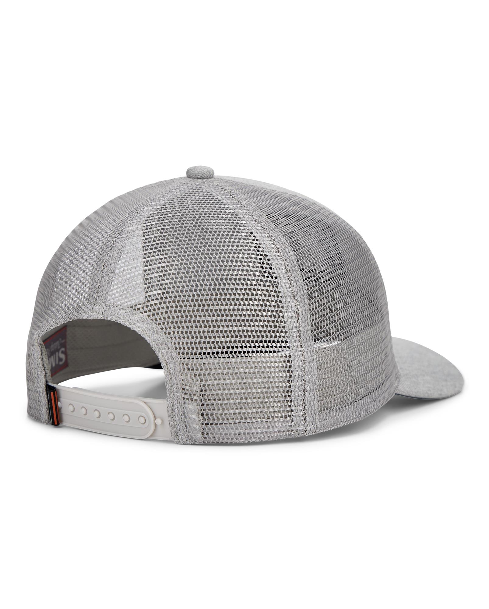 Simms Double Haul Icon Trucker Hat hopper heather back view breathable mesh cap