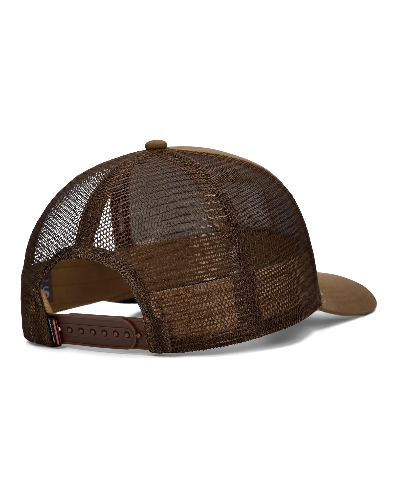 Simms Double Haul Icon Trucker Hat jasper back view mesh trucker hat snap closure
