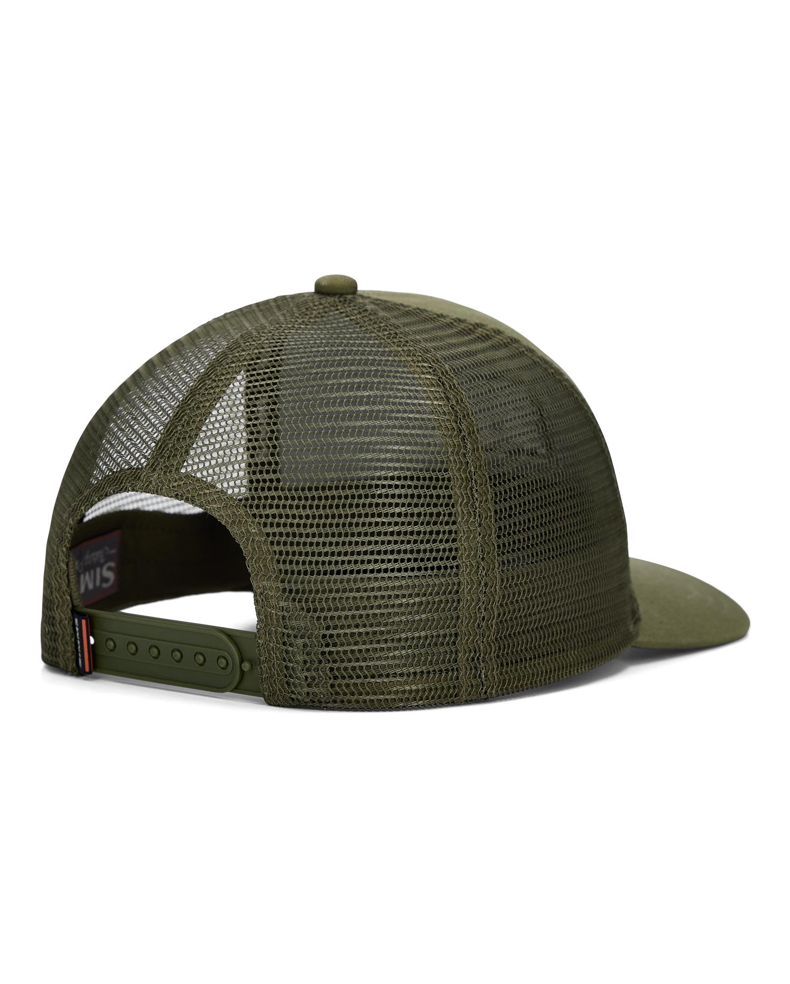Simms Double Haul Icon Trucker Hat loden back view mesh snapback fishing cap