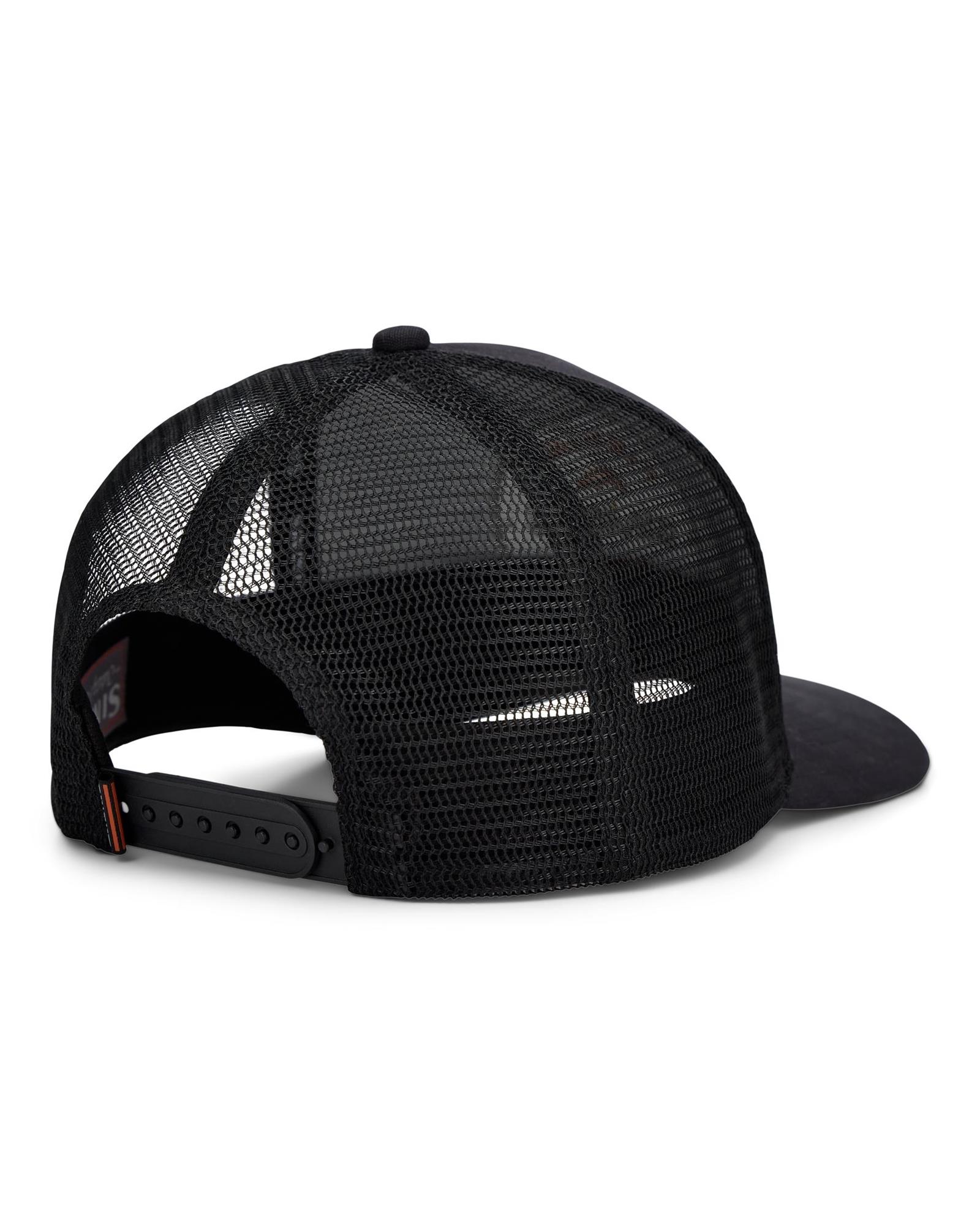 Simms Double Haul Trucker Hat Black Rounder adjustable snapback fishing hat rear view