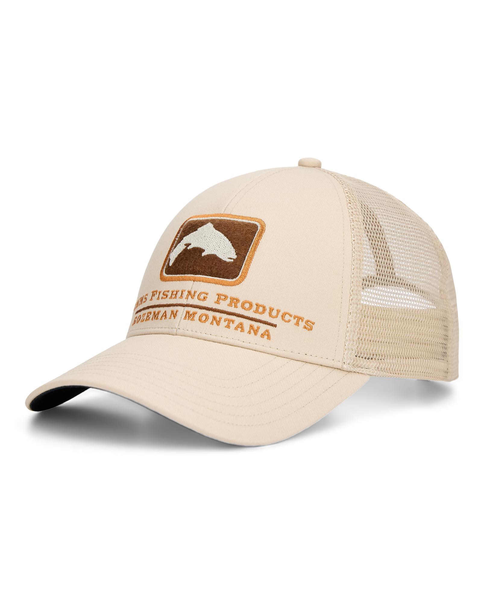 Simms Iconic Trout Trucker Hat front view – Burnished Clay trout logo trucker