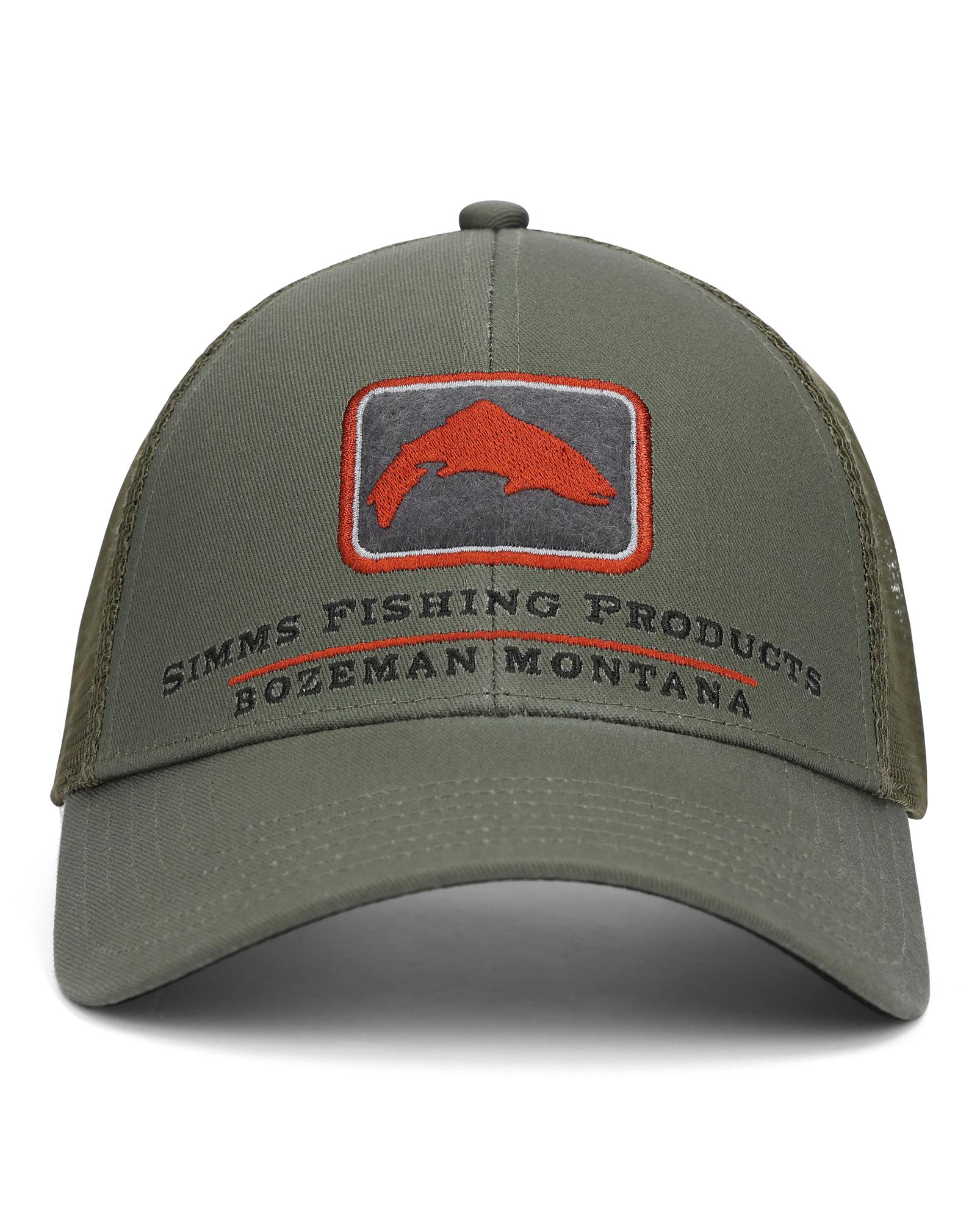 Simms Iconic Trout Trucker Hat front view – Smokey Olive trout patch fly fishing hat