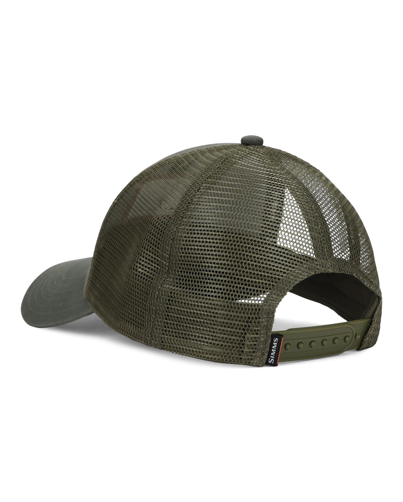 Simms Iconic Trout Trucker Hat side/back view – olive mesh trucker hat snapback