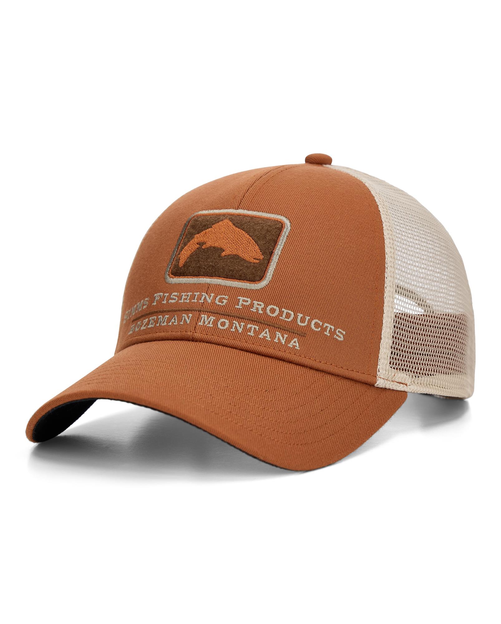 Simms Iconic Trout Trucker Hat front view – Stonefly tan mesh fishing hat