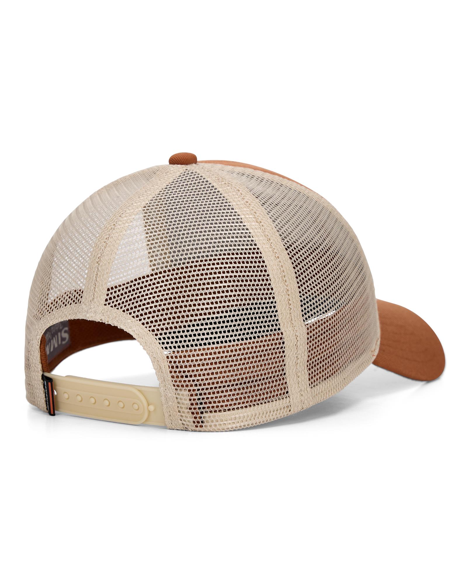 Simms Iconic Trout Trucker Hat back view – adjustable snapback breathable mesh
