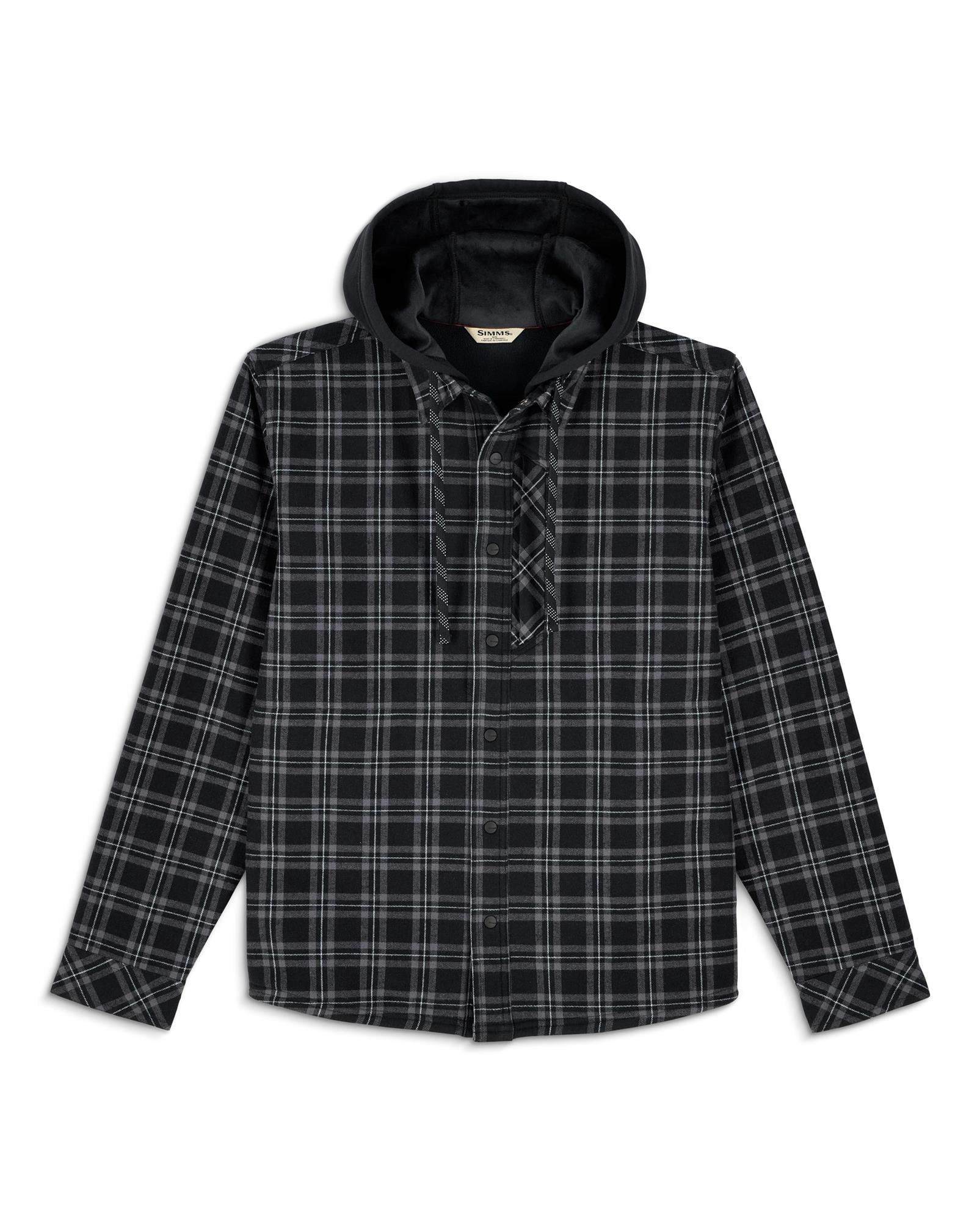 Men’s heavyweight flannel hoodie jacket in black check pattern