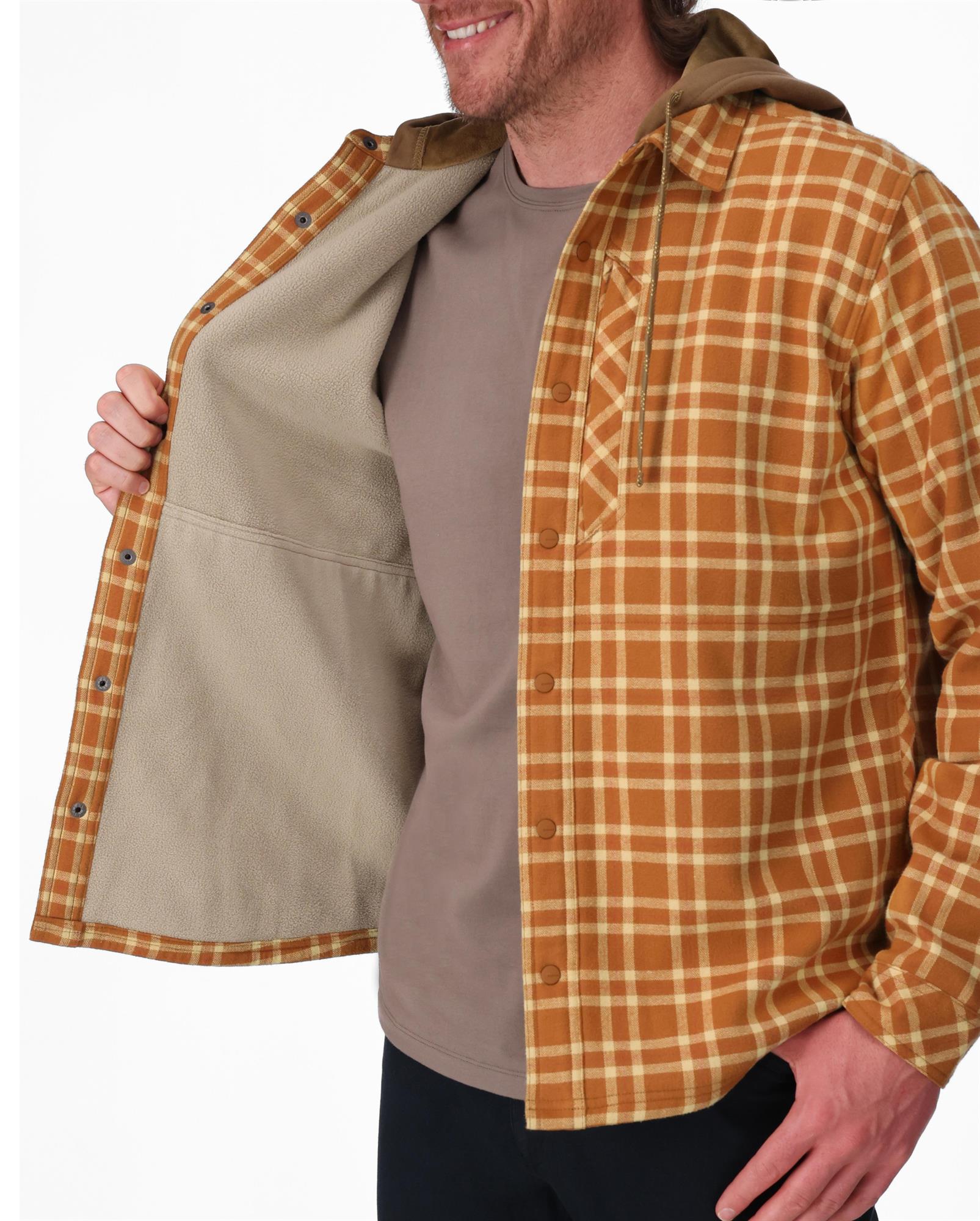 Open flannel fishing jacket with warm bonded fleece interior