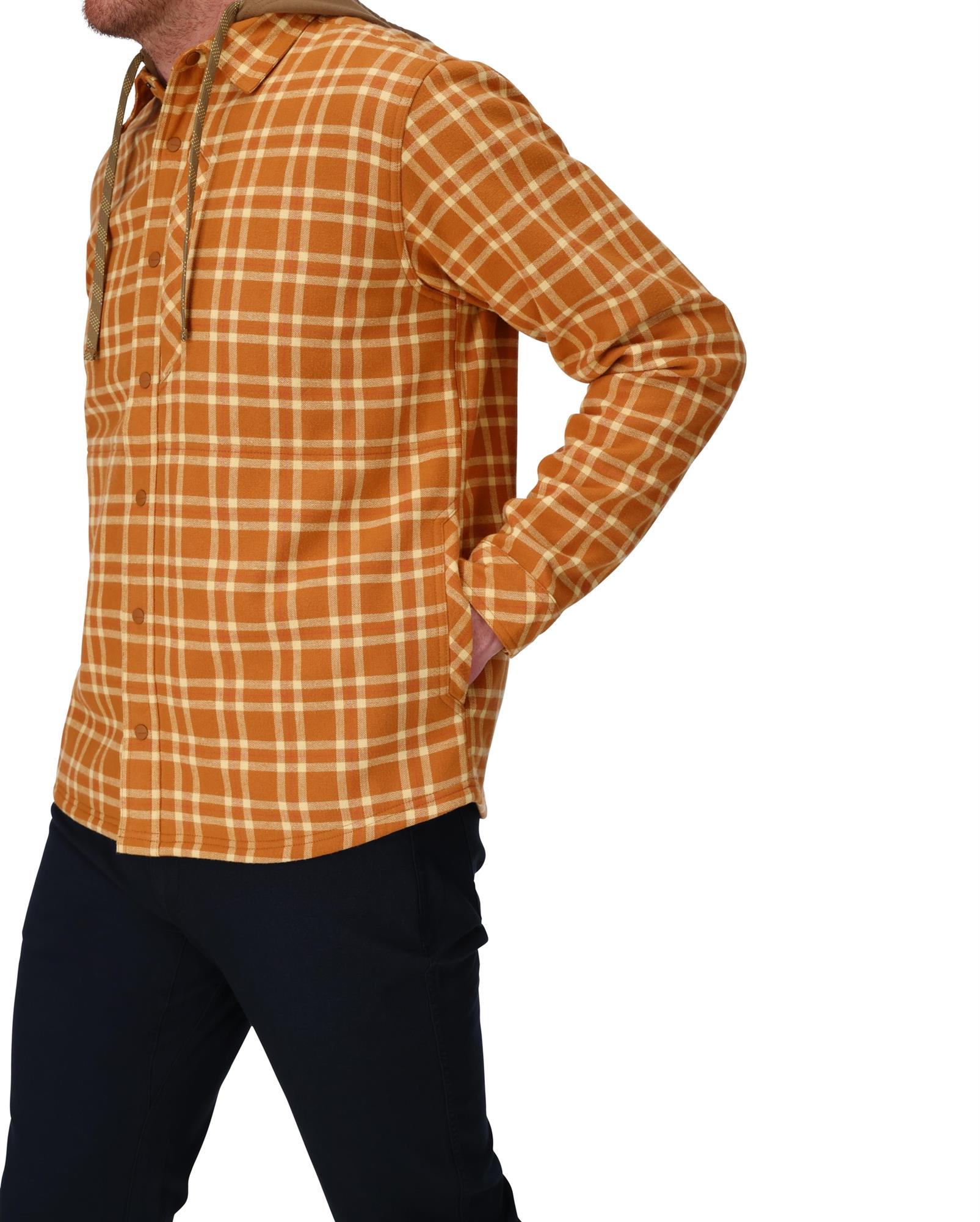 Side view of Simms Coldweather Hooded Shacket with hand pockets