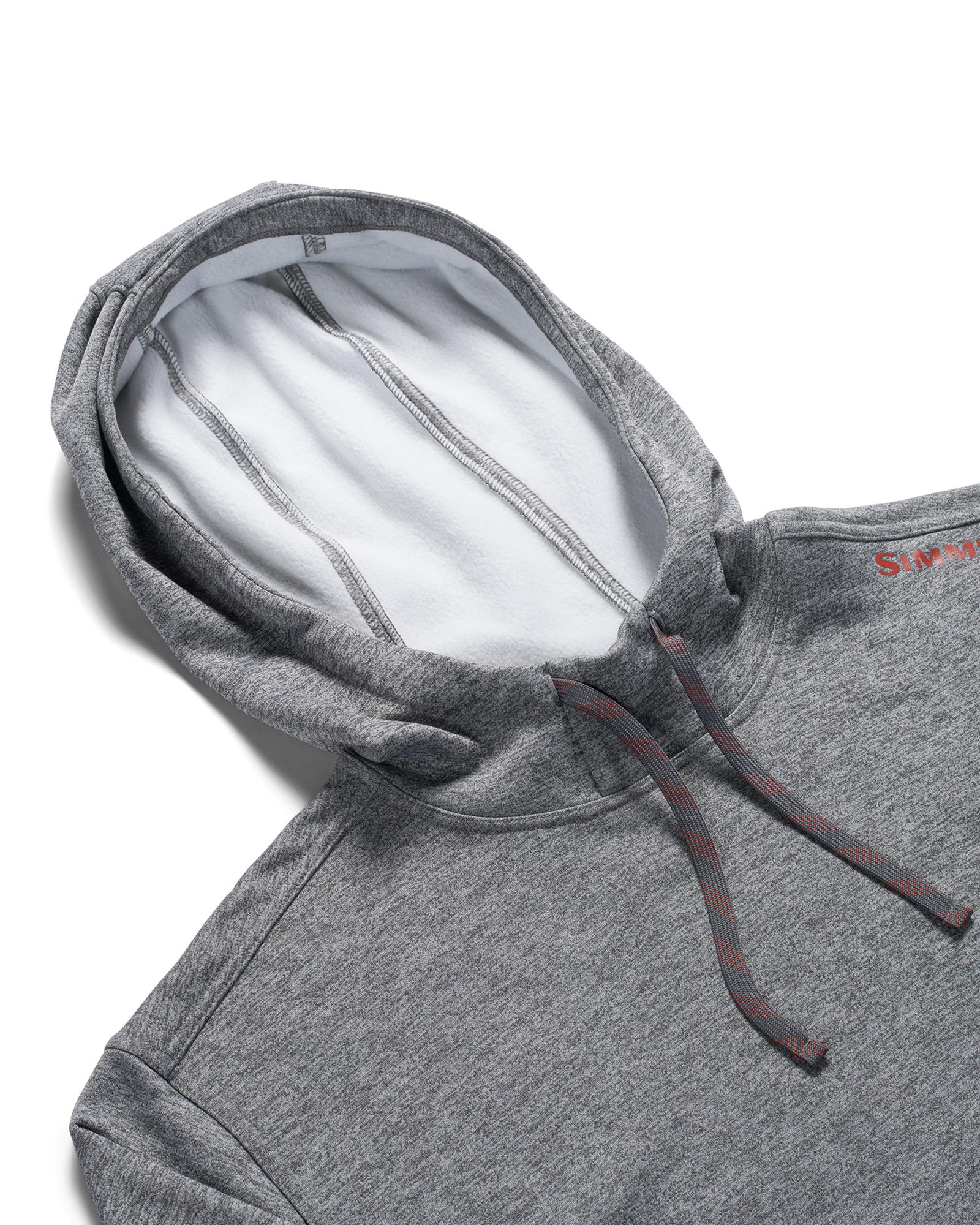 Simms Challenger Hoody in heather gray, showing the adjustable three-panel hood and brushed fleece interior