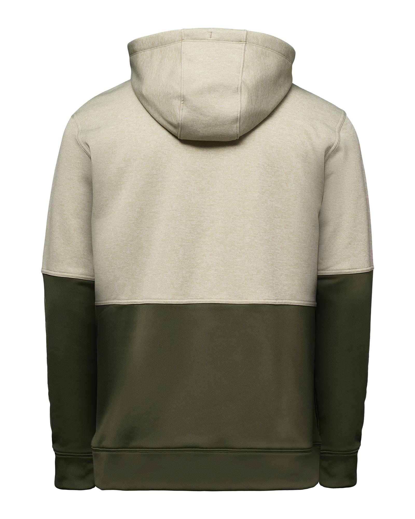 Men’s Simms Challenger camping hoodie with a light heather upper and olive lower panels, shown from the back