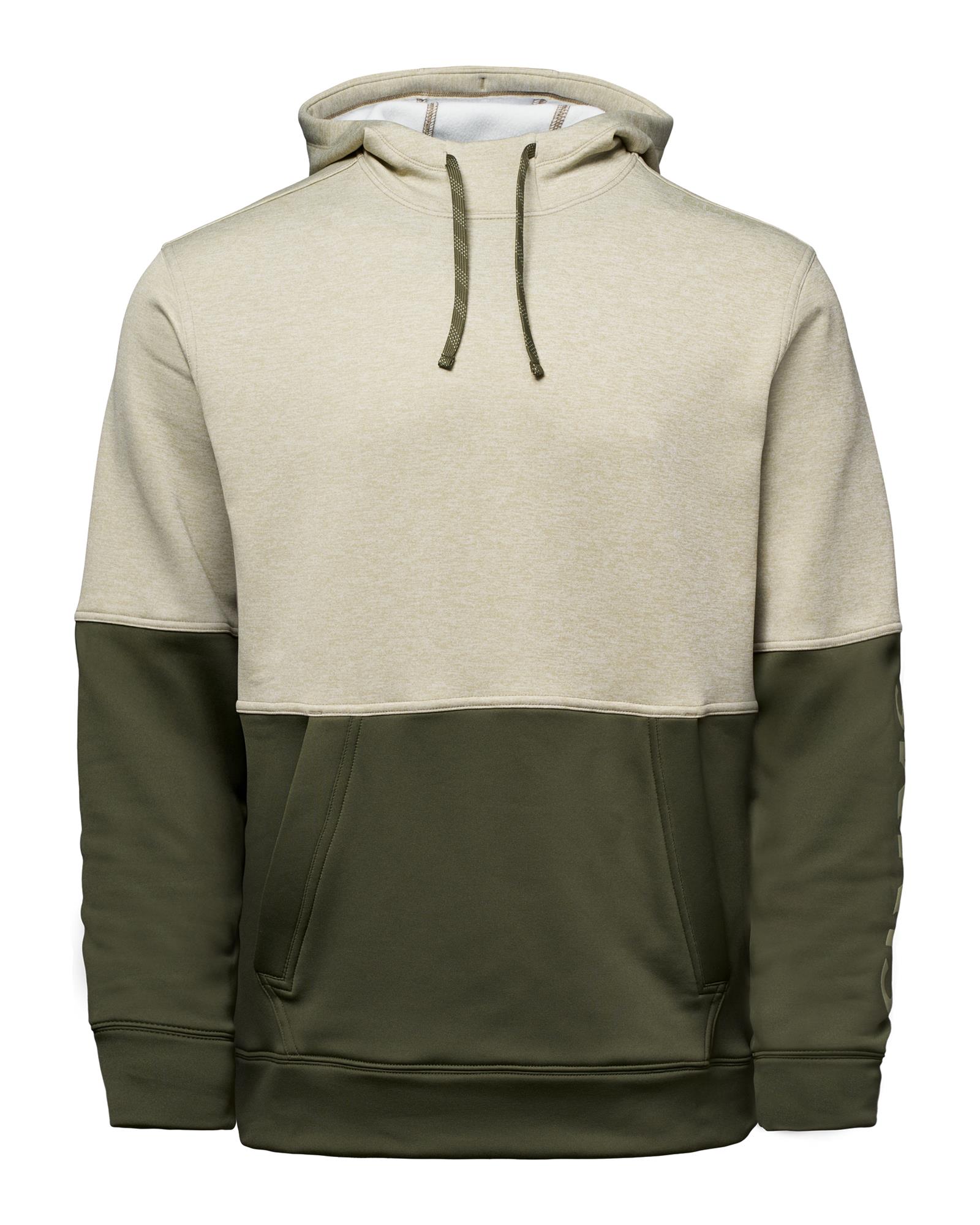 Two-tone Simms Challenger fleece fishing hoodie with a drawcord hood and pass-through handwarmer pocket