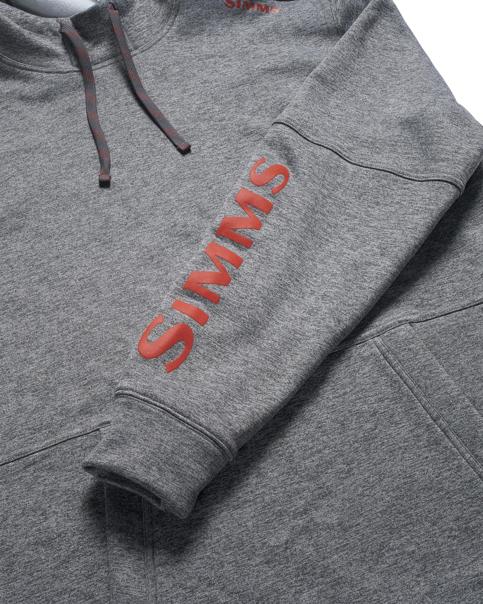 Simms Challenger Hoody sleeve detail with red Simms logo and low-profile cuff on heather gray fishing fleece