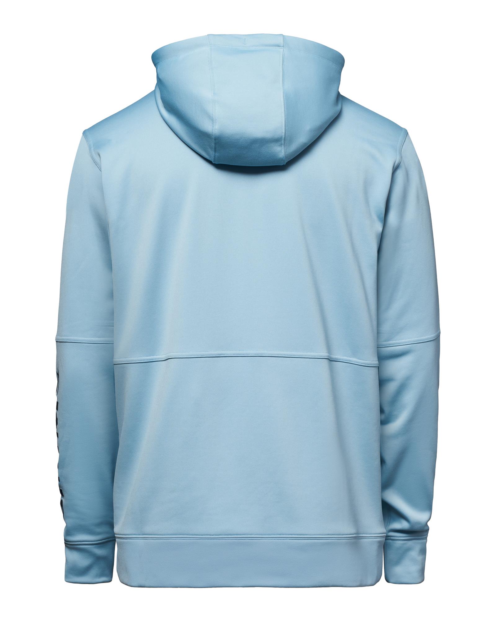 Men’s Simms Challenger fleece camping hoodie in Steel Blue, showing the back seams and low-profile cuffs