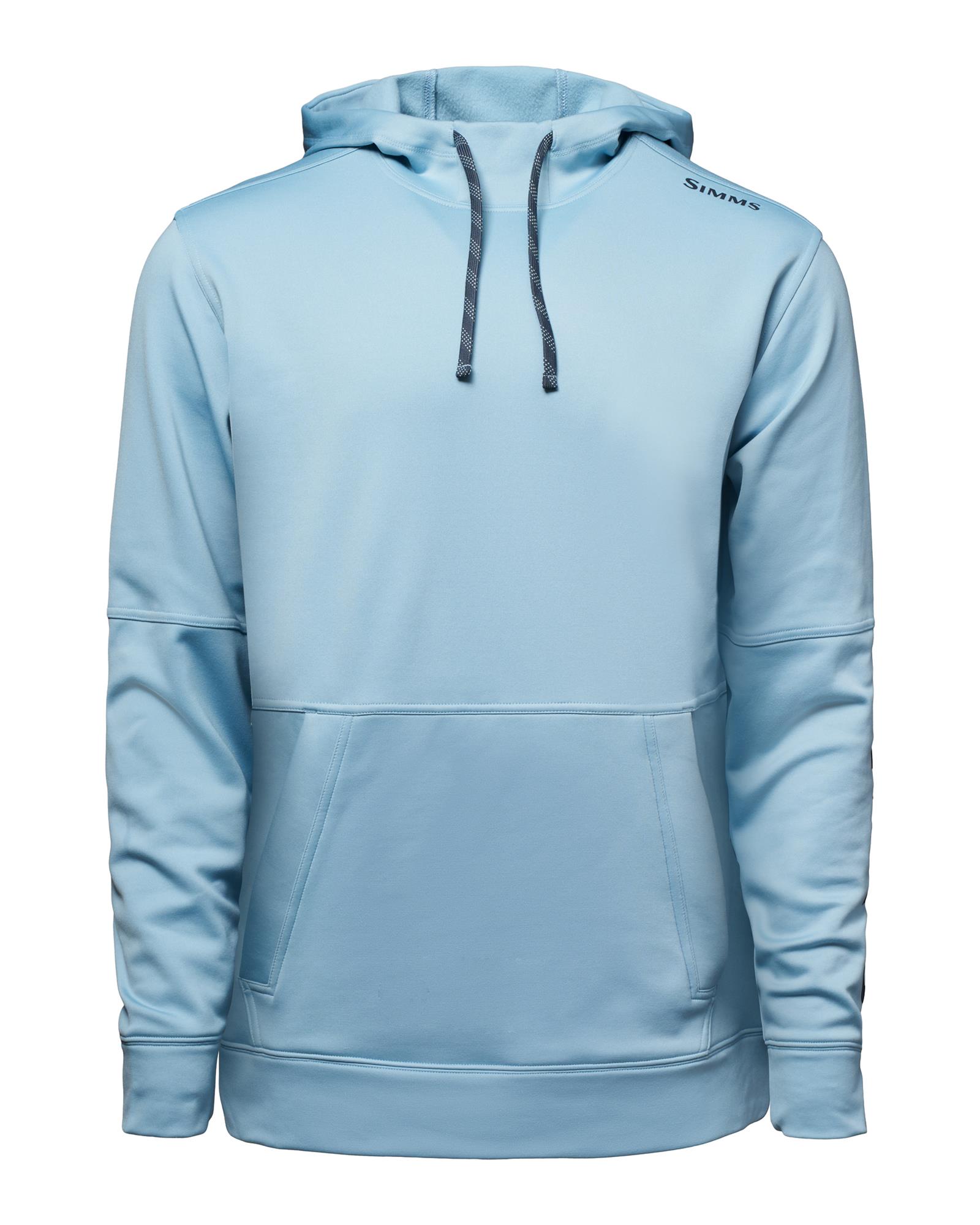 Simms Challenger Hoody in Steel Blue, front view of a fleece fishing hoodie with adjustable hood and kangaroo pocket