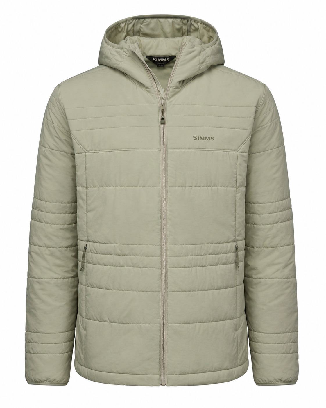 Men’s light green insulated fishing jacket with hood for outdoor cold weather use