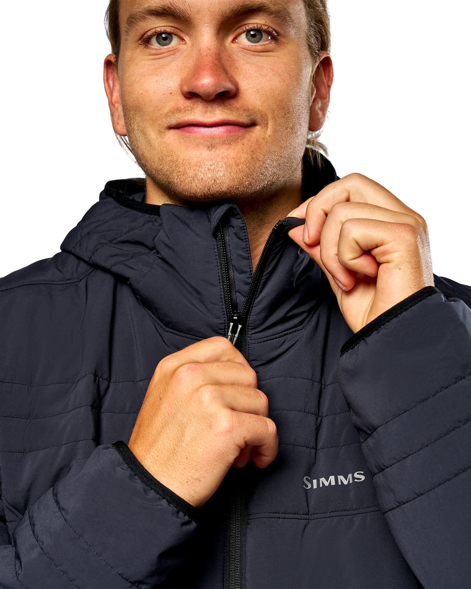Simms Fall Run Insulated Hoody front zipper and adjustable hood detail for cold weather fishing
