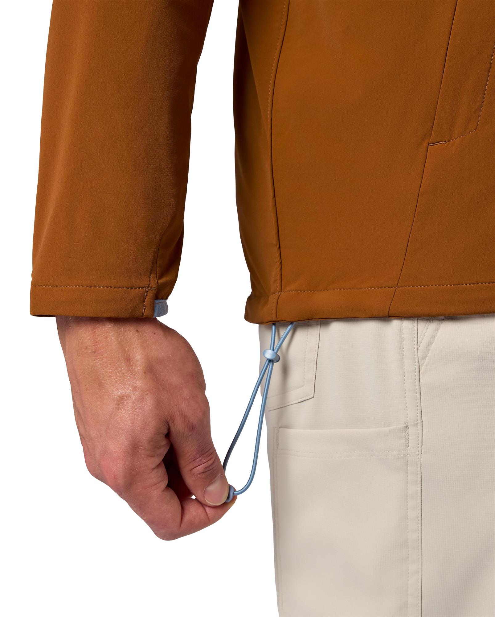Simms Rogue Flex drawcord hem adjustment, seal out wind on stretch fishing pullover