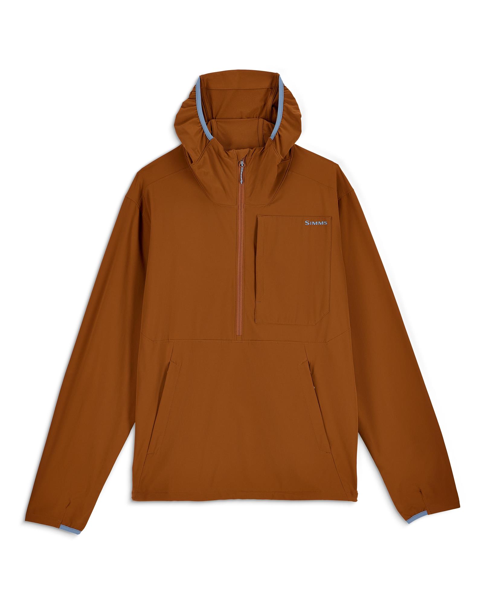 Simms Rogue Flex Half-Zip Pullover in Stonefly color, wind-resistant fishing pullover with kangaroo pocket
