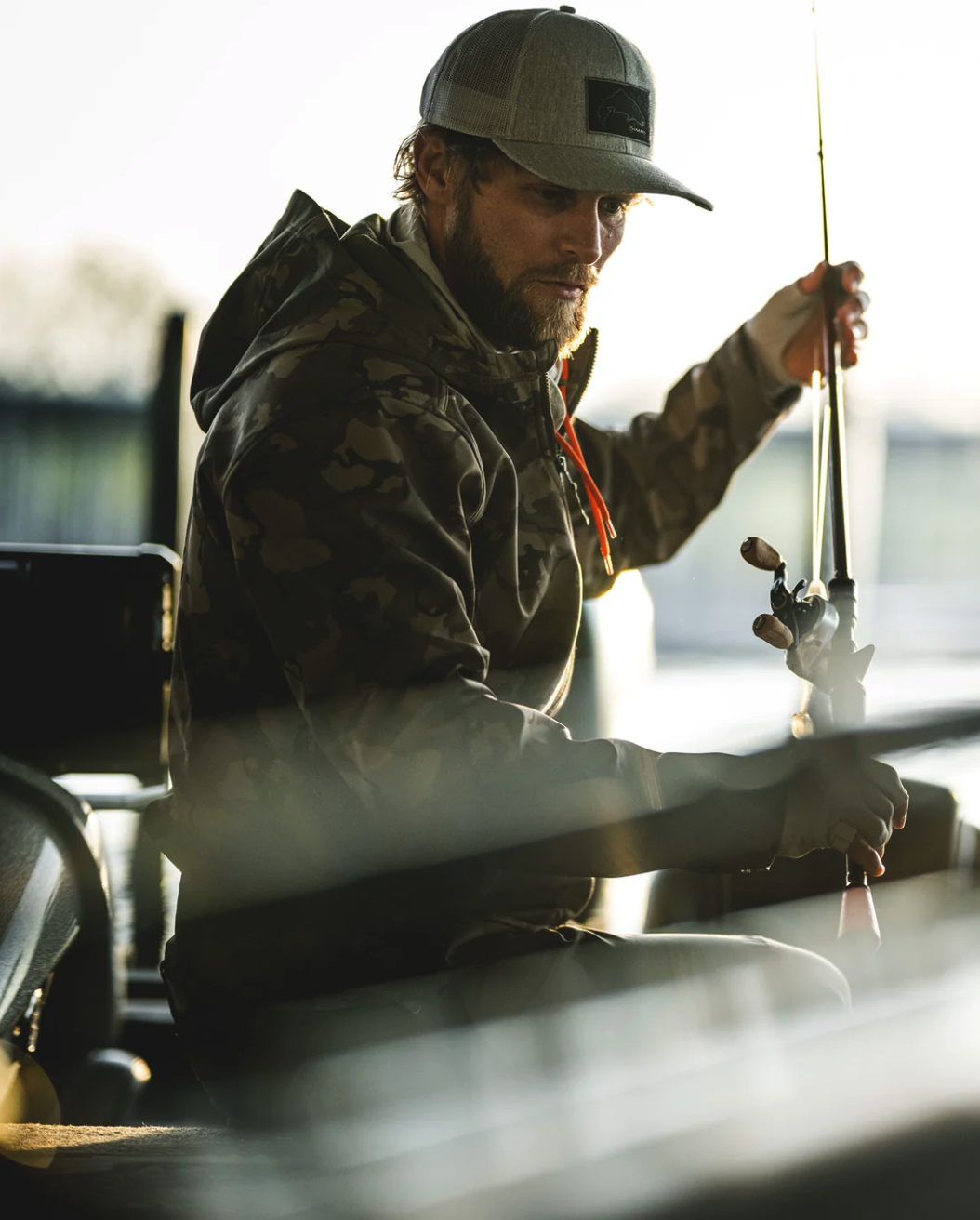 Simms water-repellent hoody for outdoor activities.