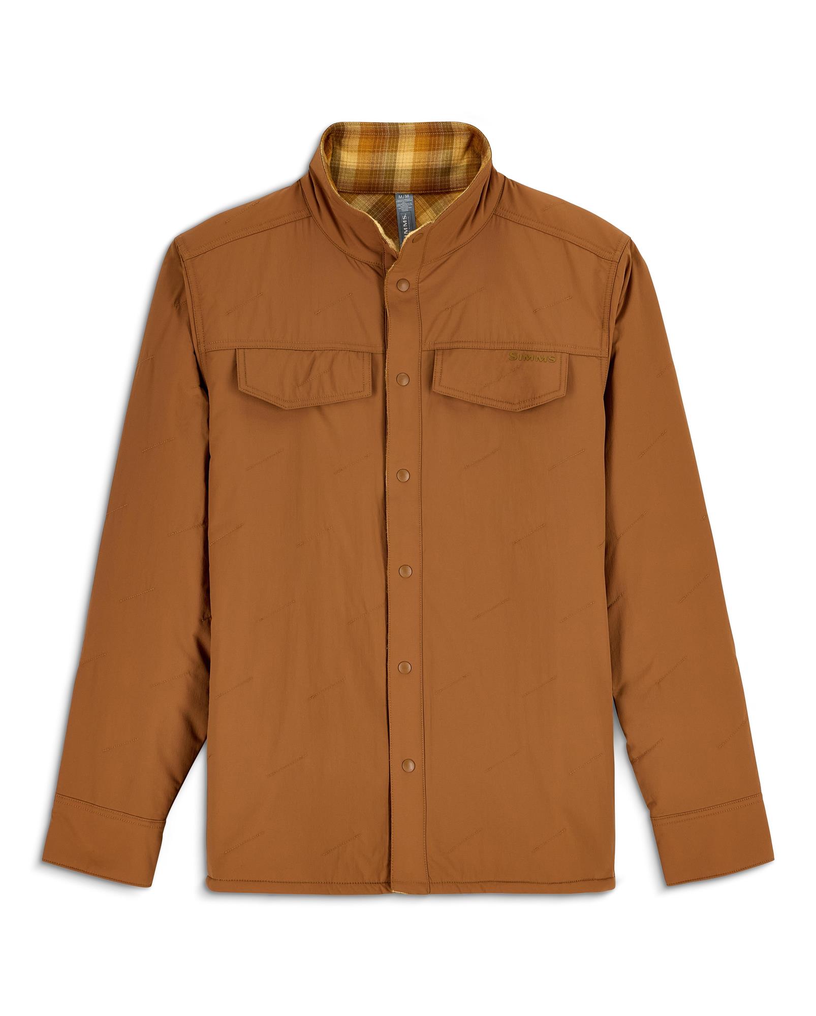 Simms Bristol Reversible Jacket insulated flannel shirt jacket front view Cobia color