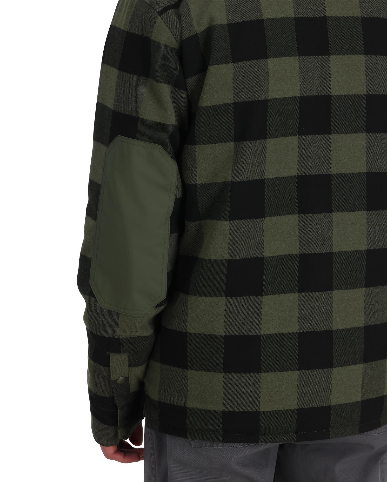 Simms Bristol Reversible Jacket back view insulated flannel fishing jacket with elbow patches