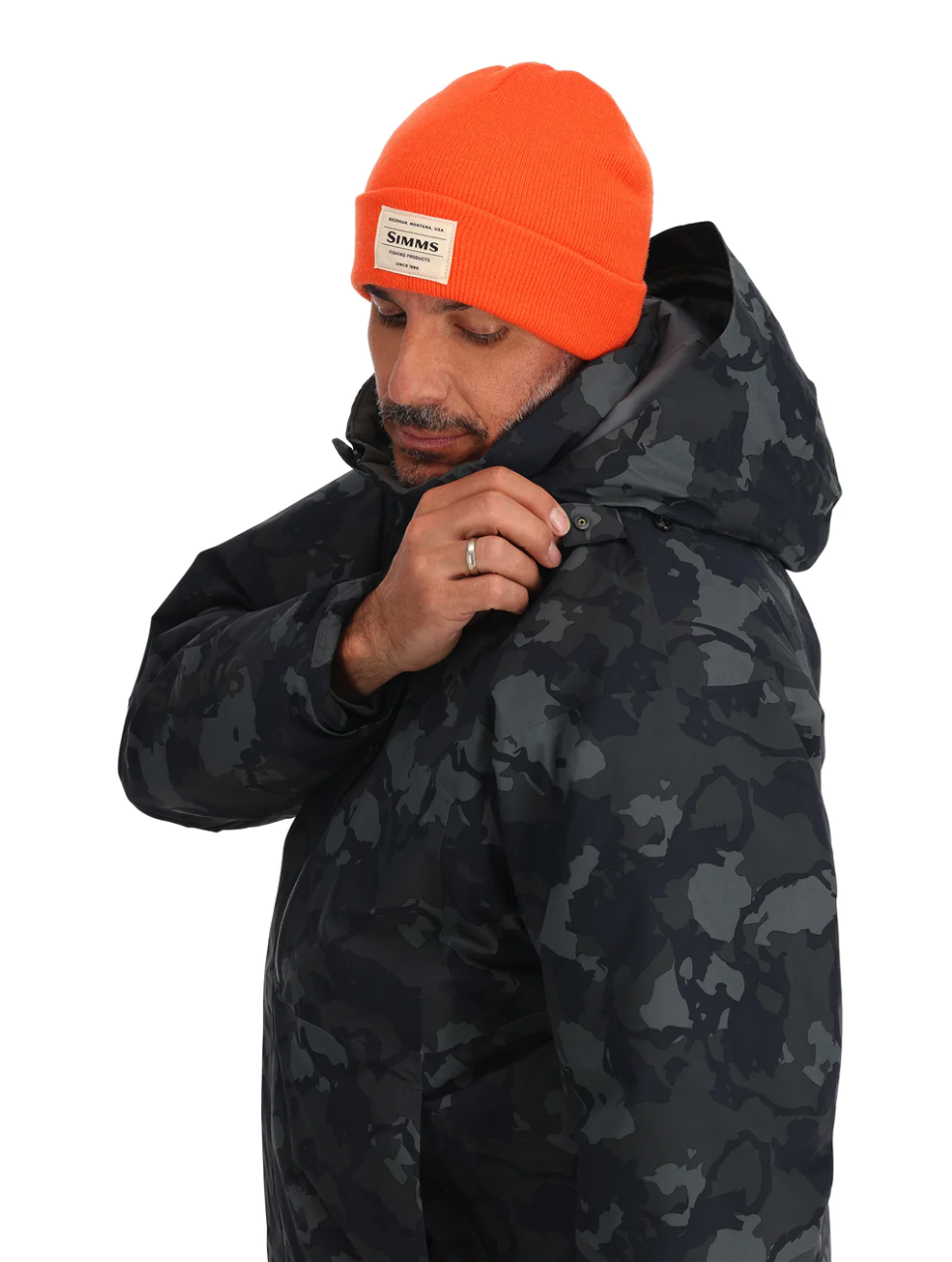 Waterproof Simms Challenger Jacket with PrimaLoft insulation for lightweight warmth.