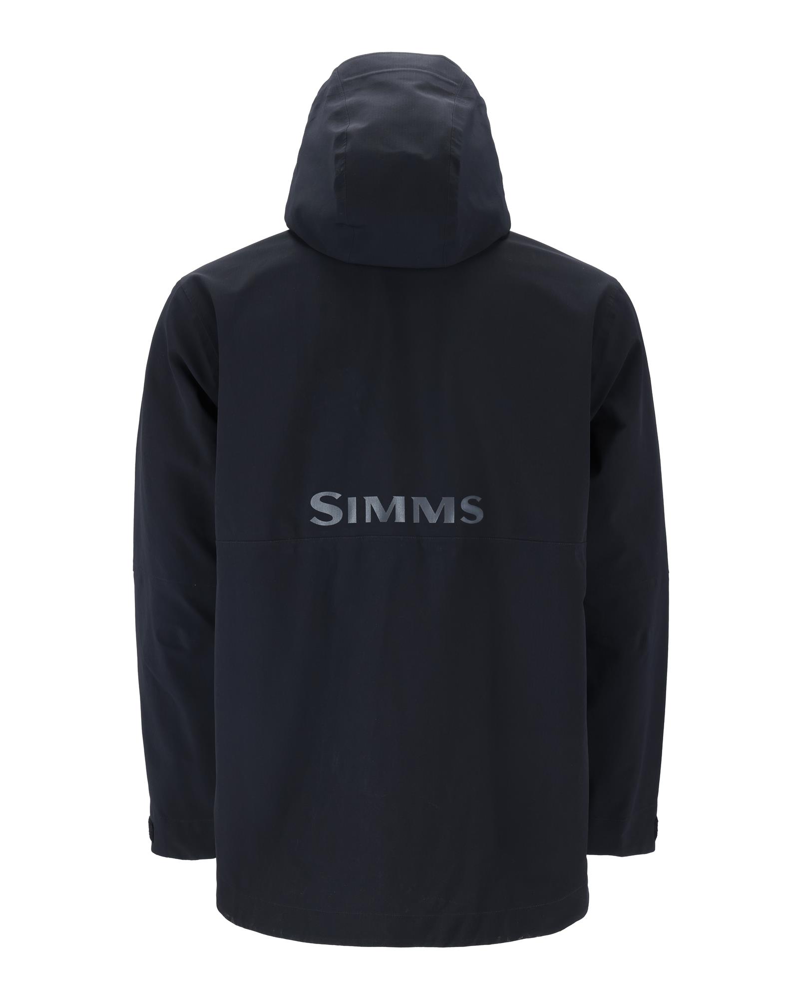 Simms Challenger Jacket black waterproof fishing rain jacket back view with Simms logo