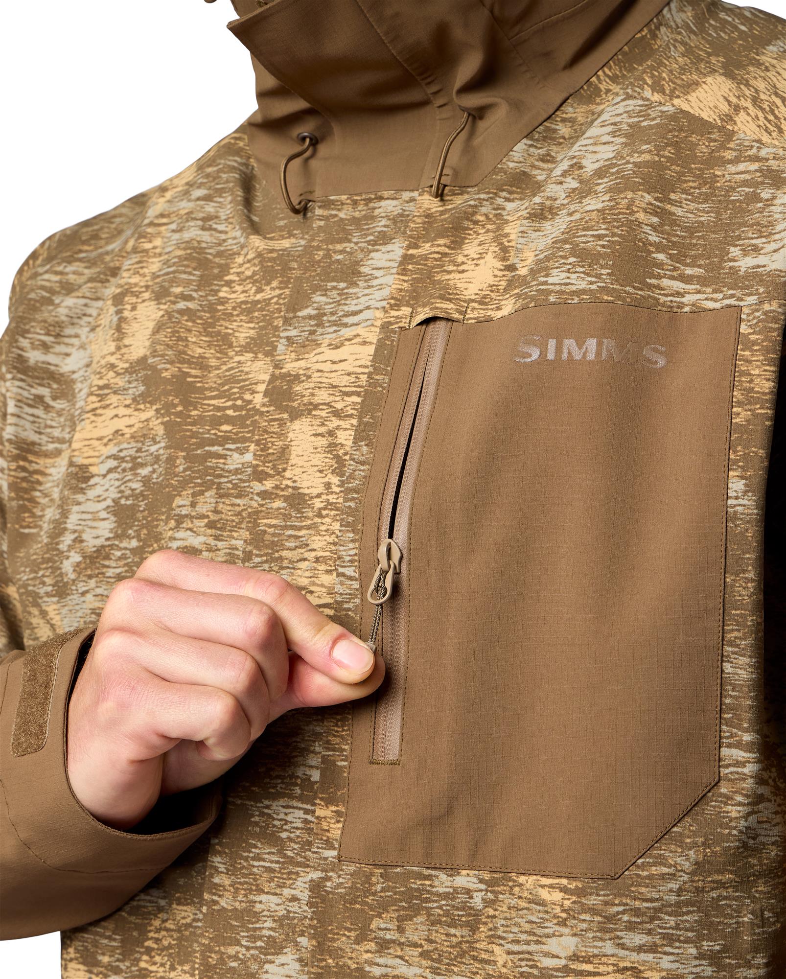 Simms Challenger fishing rain jacket waterproof chest pocket with YKK zipper detail