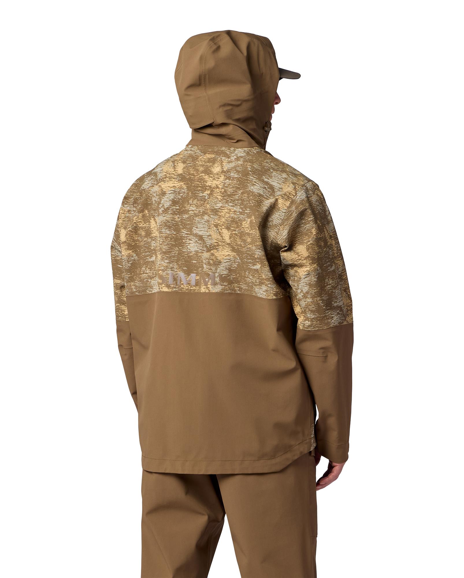 Simms Challenger fishing rain jacket camo pattern back view waterproof breathable shell