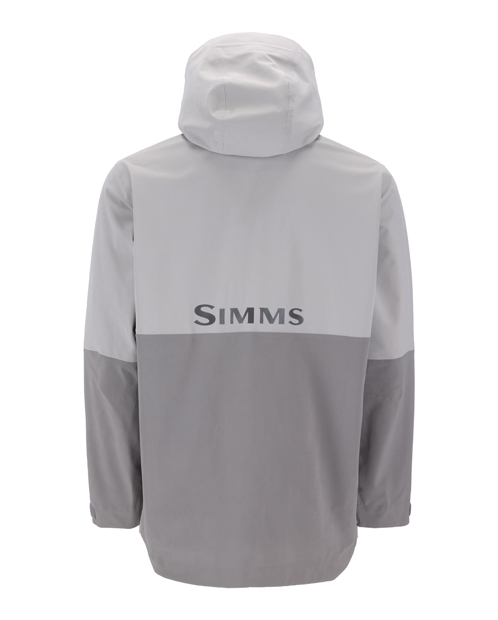 Simms Challenger Jacket Shale waterproof fishing rain jacket back view with Simms logo