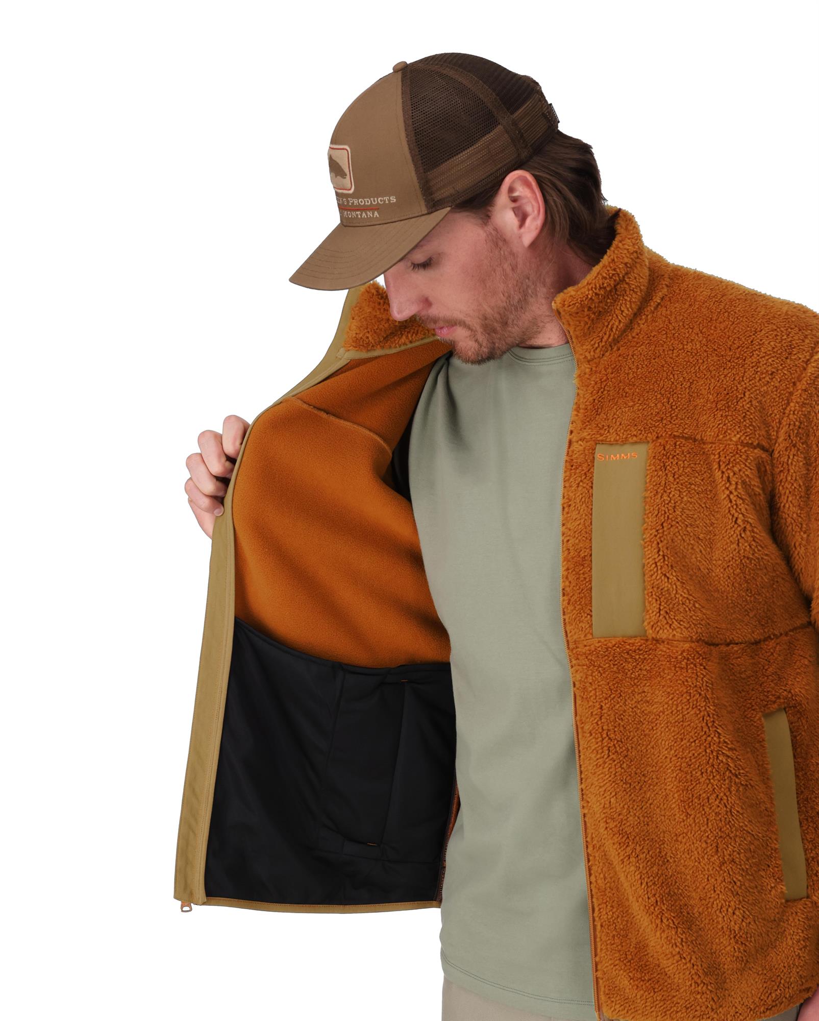 Interior view of Simms Coldweather Fleece jacket with dump pockets for hats and gloves