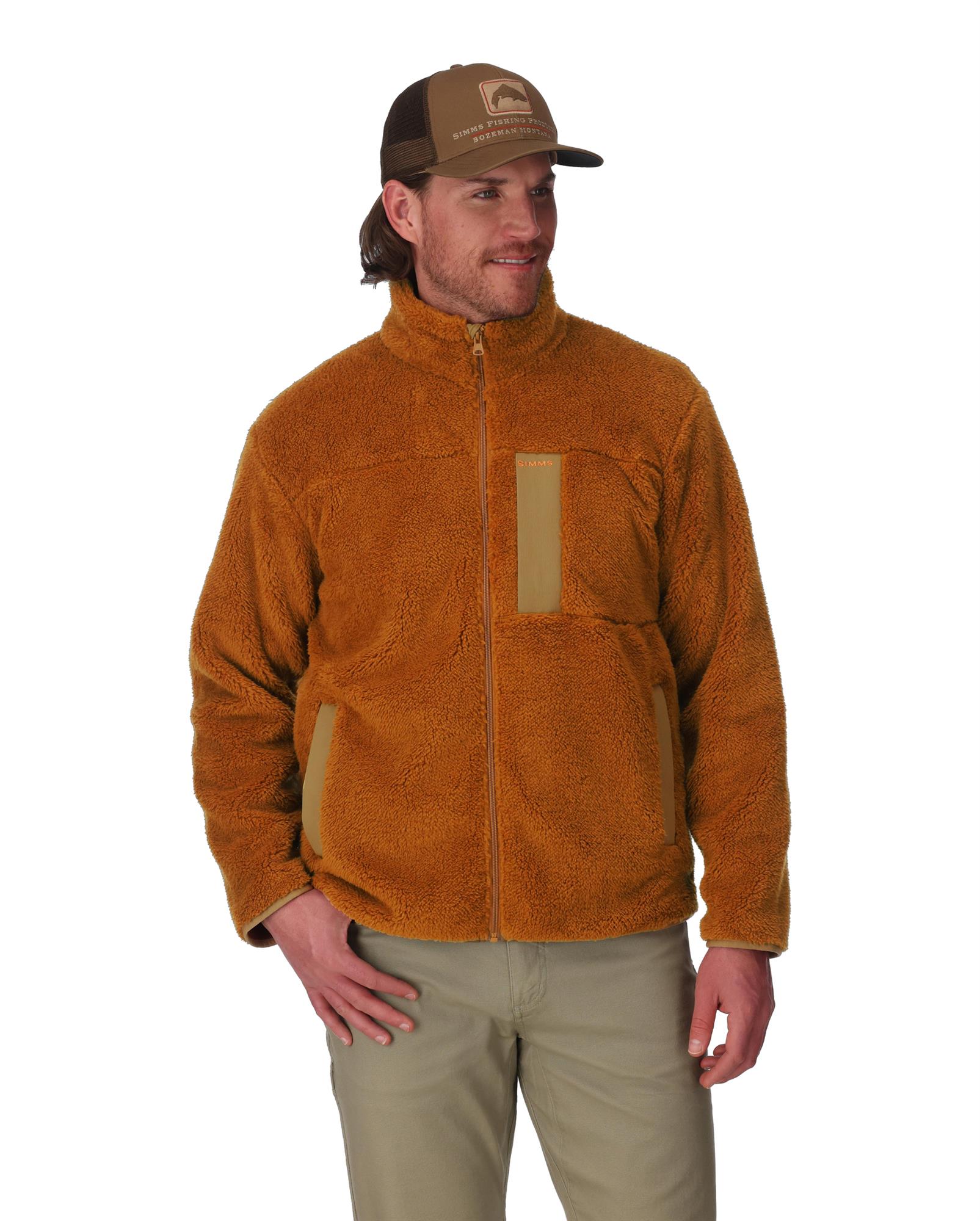 Model wearing Simms Coldweather Fleece jacket front view with full zip and chest pocket