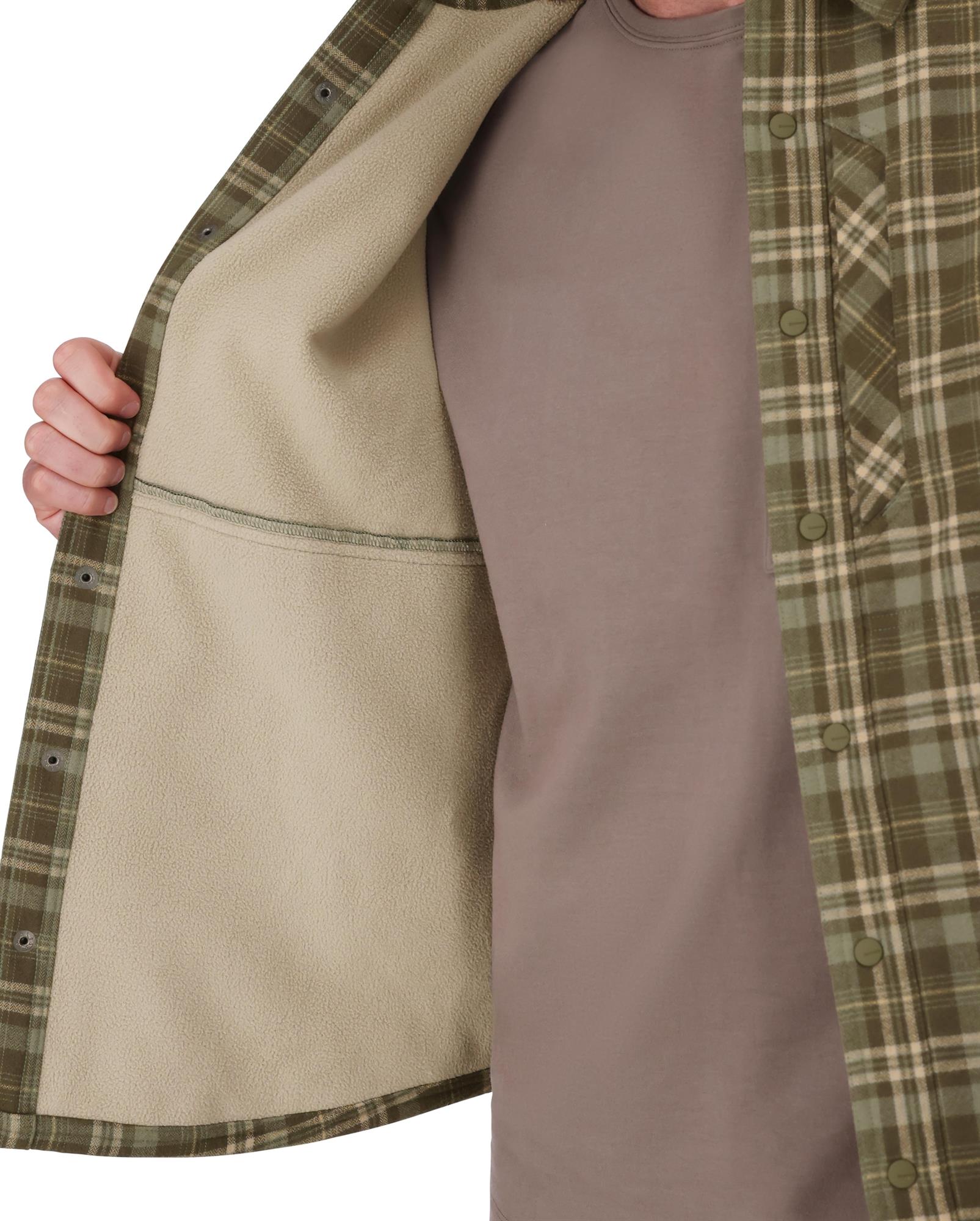 Warm bonded fleece inside plaid outdoor fishing shacket