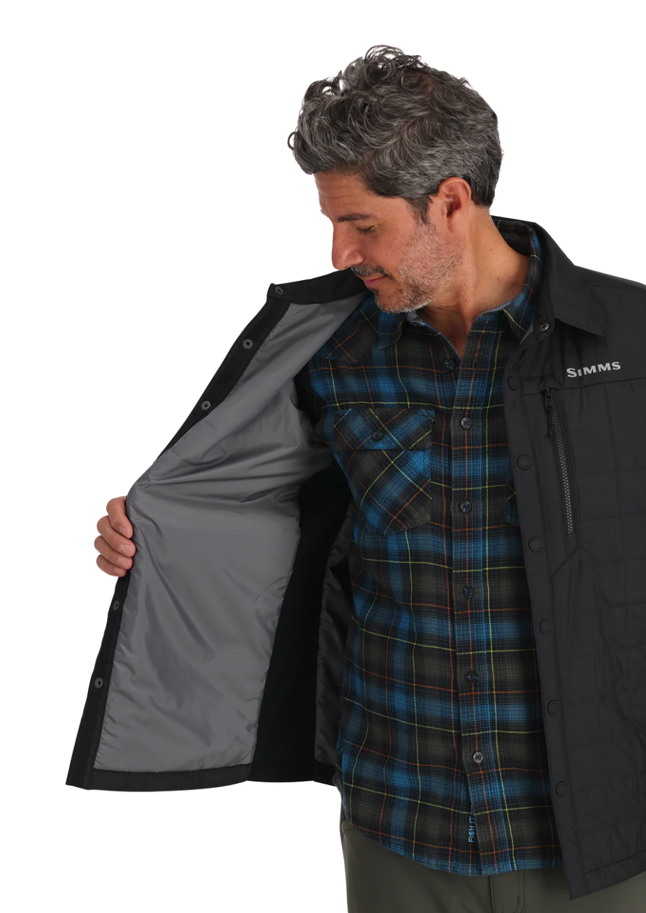 Simms outdoor layering Fall Run Hybrid Shacket with PrimaLoft insulation.