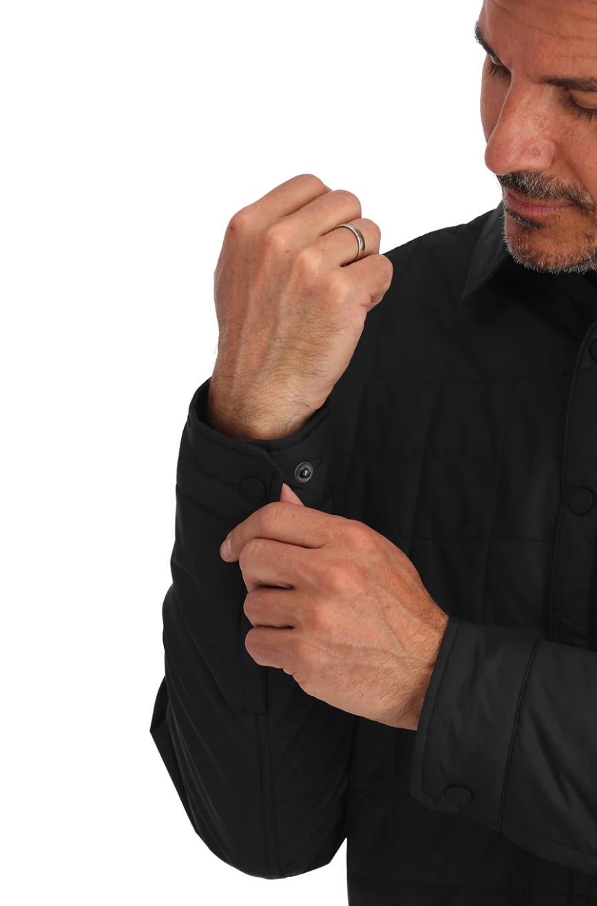 Stretch fleece side panels for mobility in Simms Hybrid Shacket.