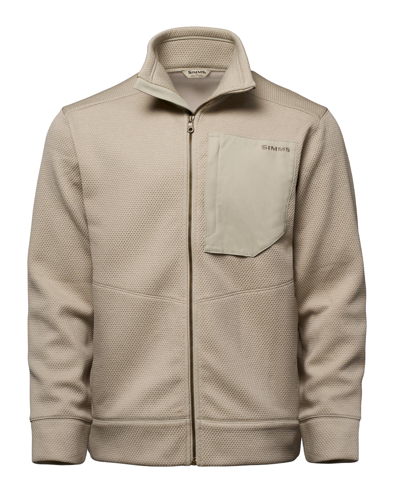 Men’s Simms Harbor Fleece camping jacket front view showing a metal zipper and three zippered pockets