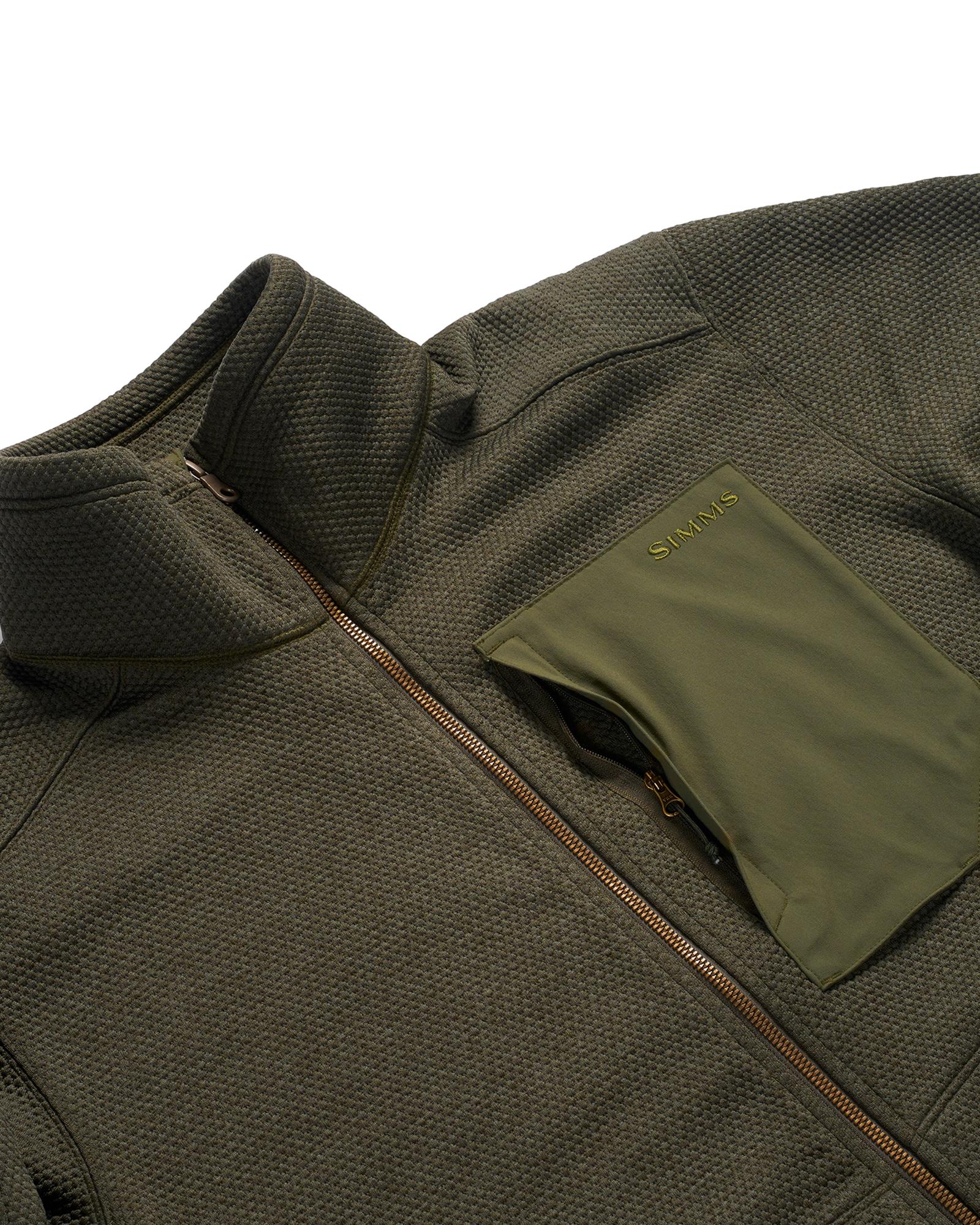 1. Simms Harbor Fleece full-zip outdoor jacket with classic collar and zippered chest storage, shown close-up