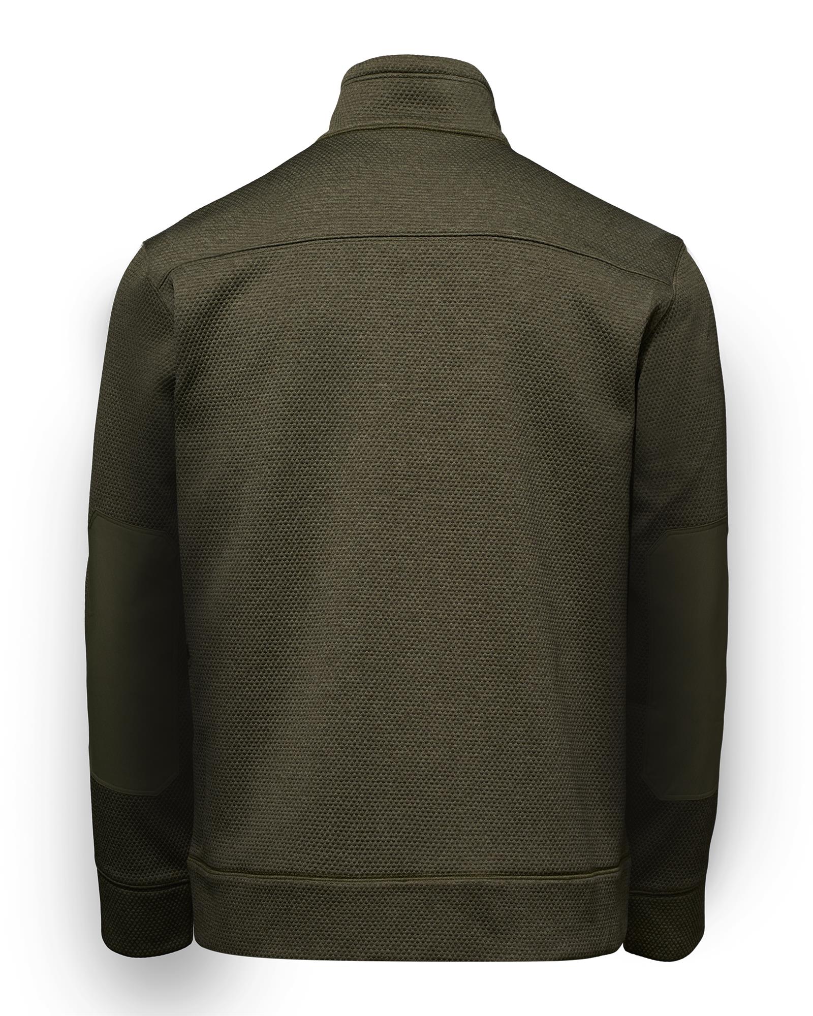 Simms Harbor Fleece in Loden Heather, back view of a heavyweight fishing jacket with reinforced elbows