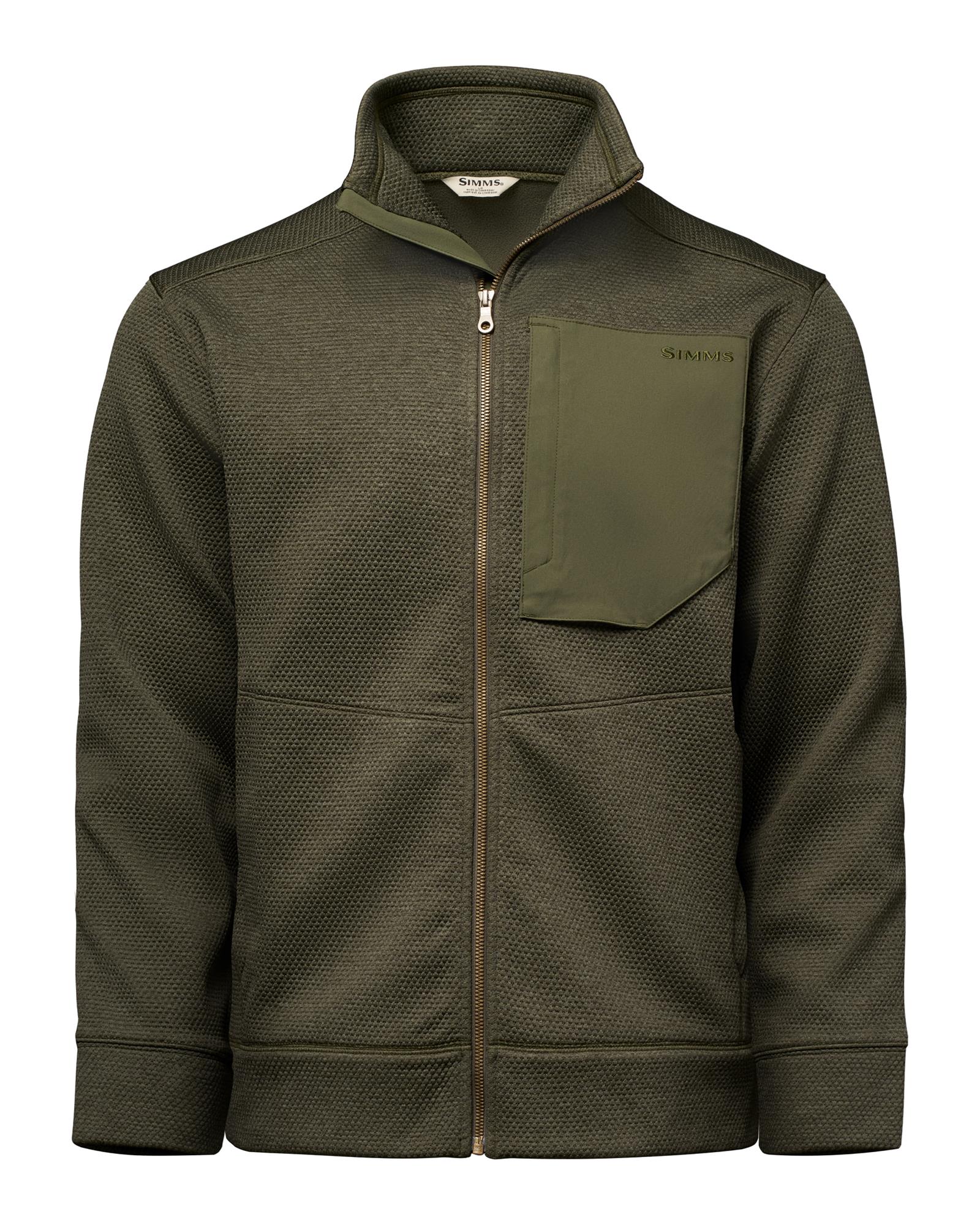 Simms Harbor Fleece in Loden Heather, front view of a full-zip fishing jacket with zippered chest and hand pockets