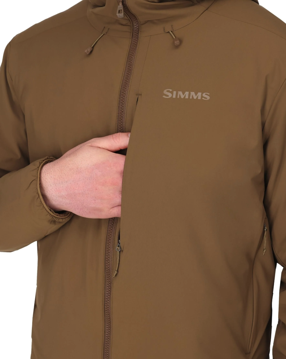 Hand in chest pocket of Simms Midstream Hooded Jacket