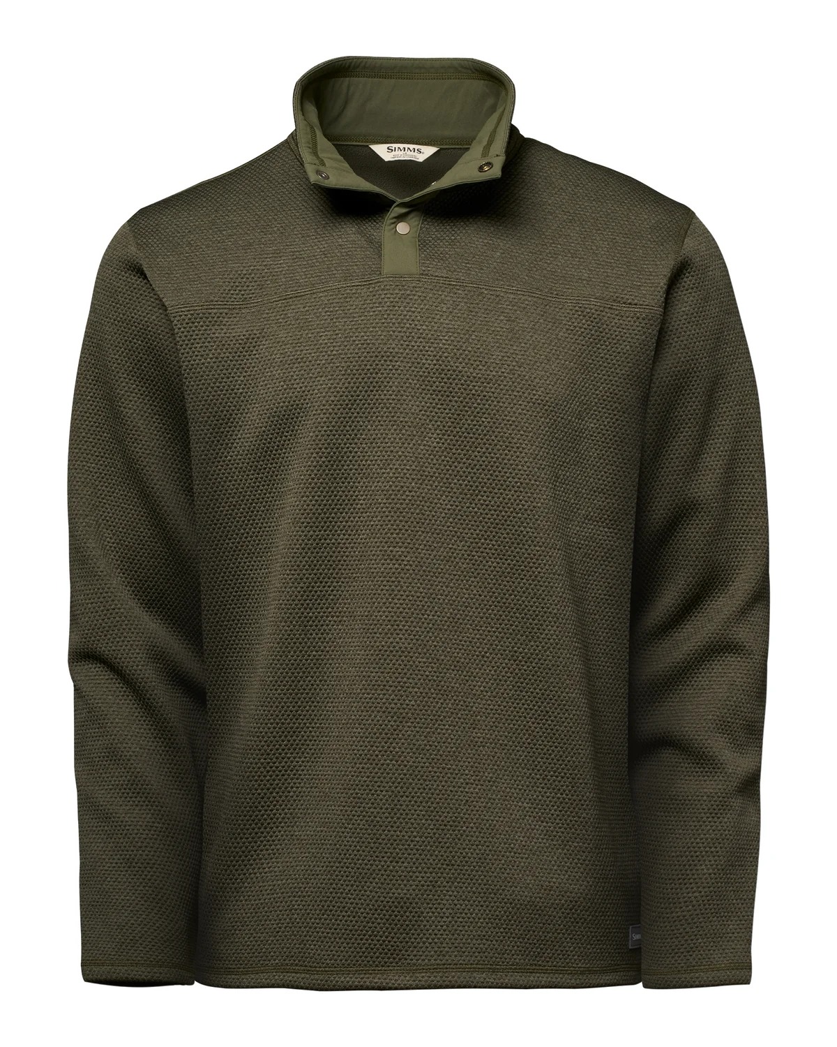 Heavyweight Simms fishing fleece sweater with snap collar for camping and outdoor cold weather wear