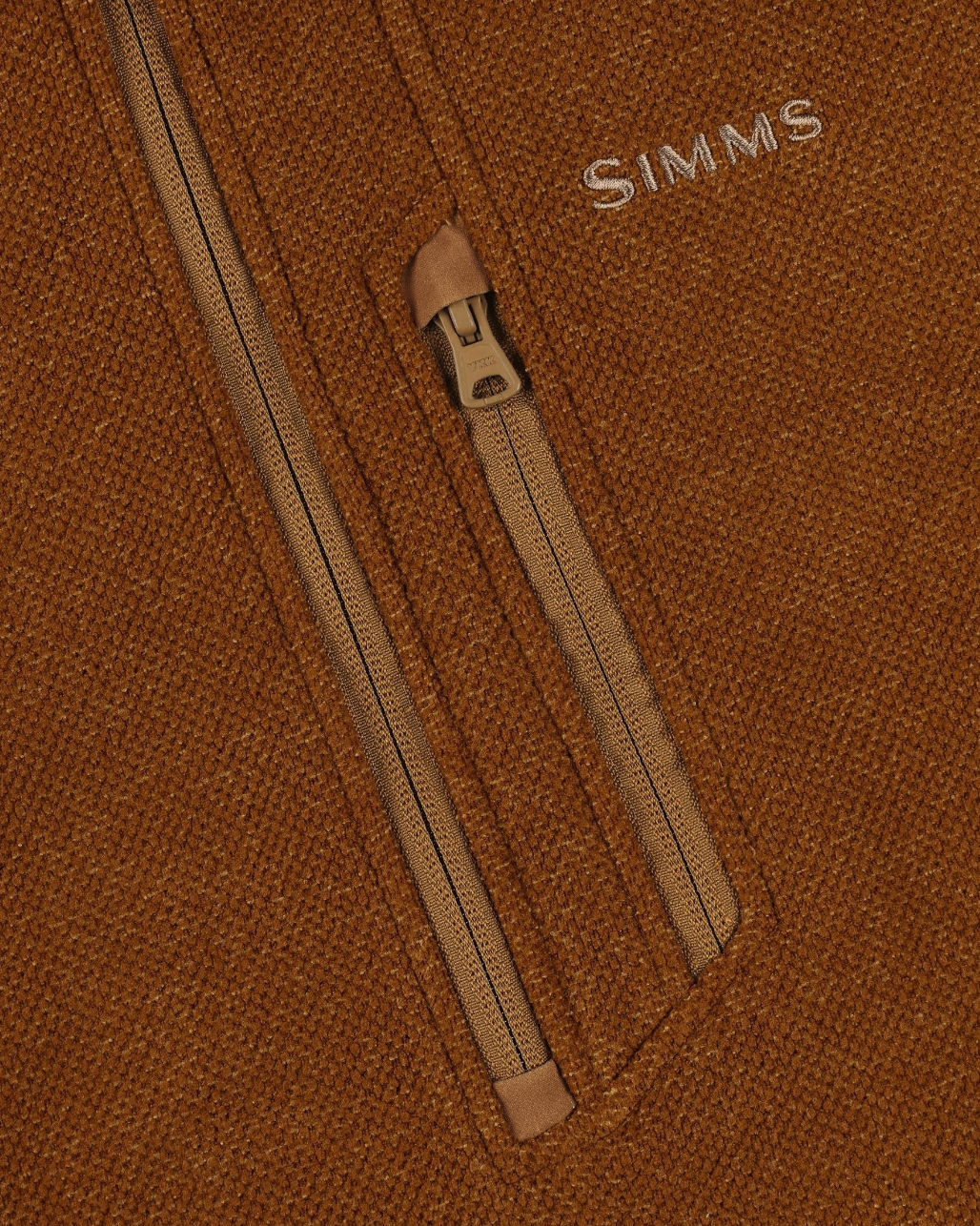 Durable Simms outdoor fleece with half-zip for easy ventilation.