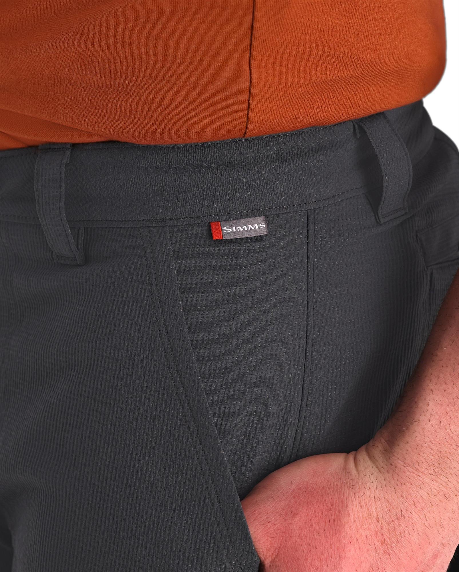 Simms Wanaka Pants waistband and logo detail lightweight fishing pants nylon Sorona fabric