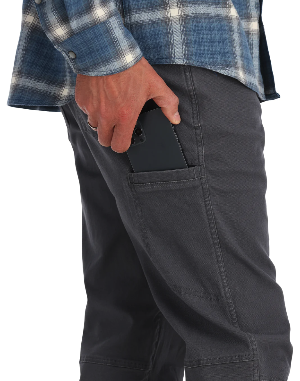 Simms Gallatin Pants with multiple pockets for gear storage.