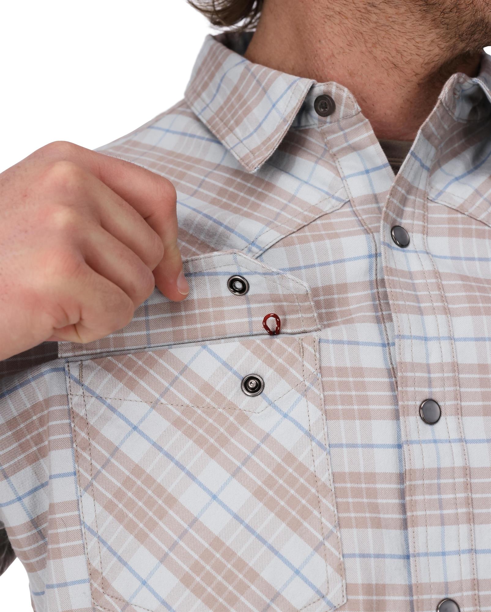 Secure snap chest pocket on Simms Brackett Flannel