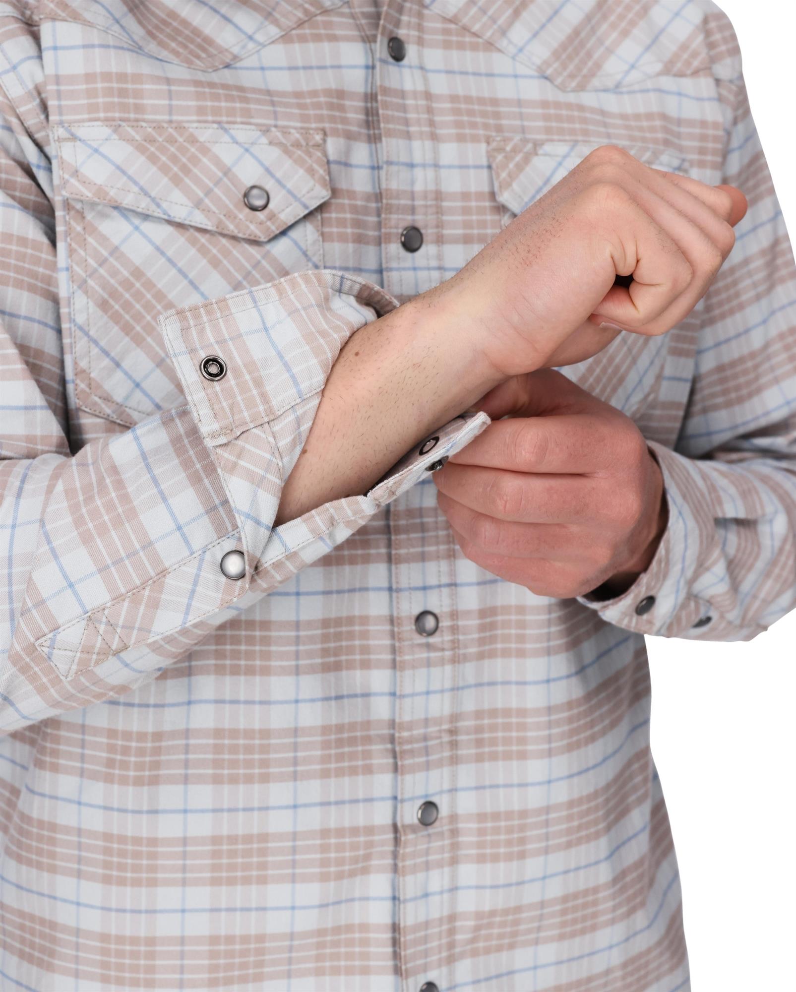 Adjustable pearl snap cuff on Simms Brackett Flannel