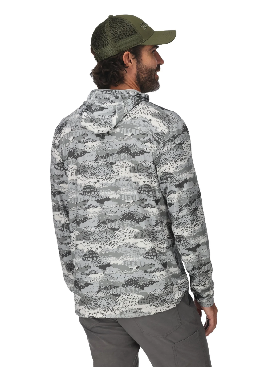 Back of model wearing Simms BugStopper SolarFlex Hoody.